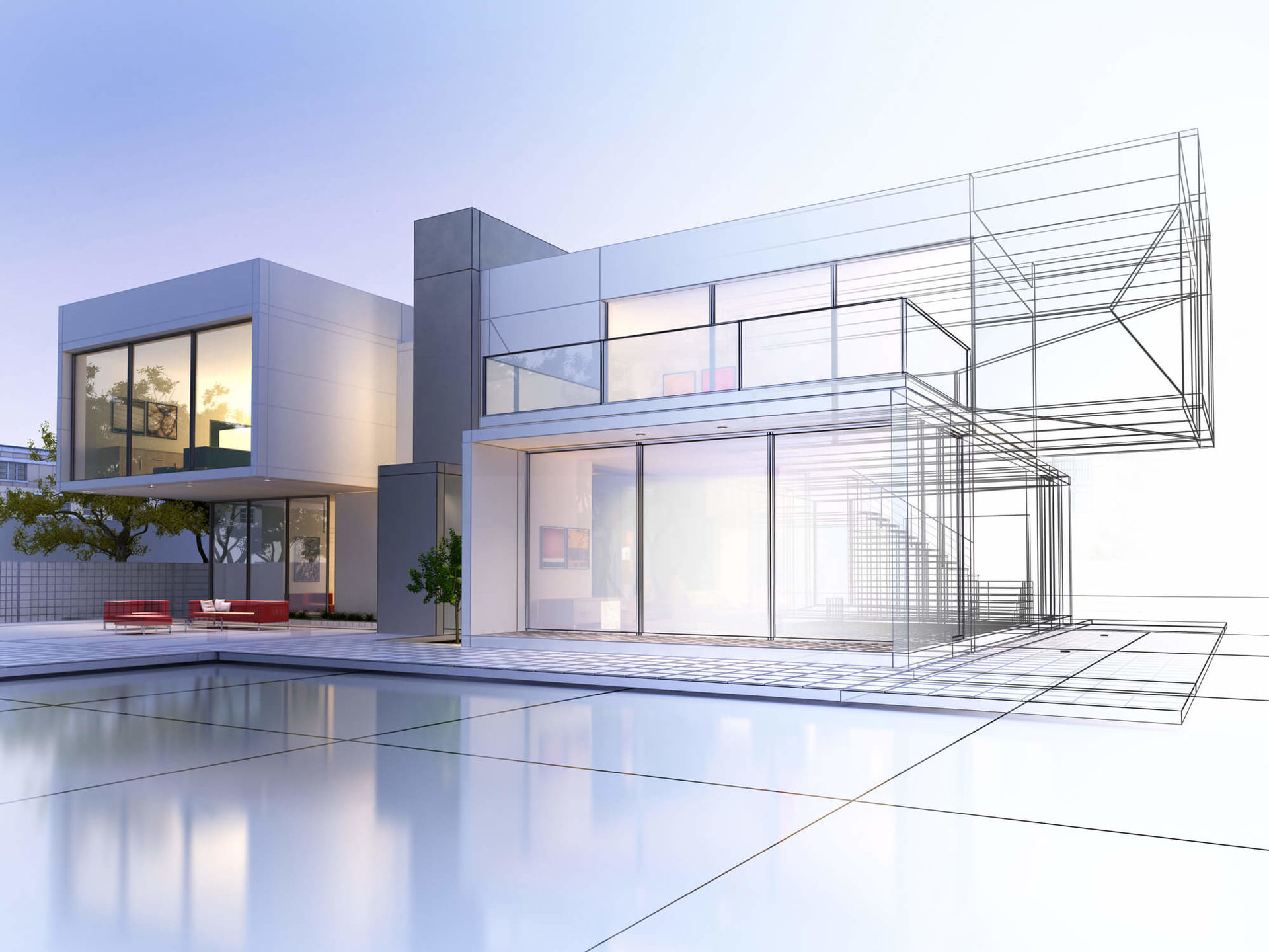Modernes Architektenhaus - halb Foto, halb Drahtmodell einer 3D-Visualsierung