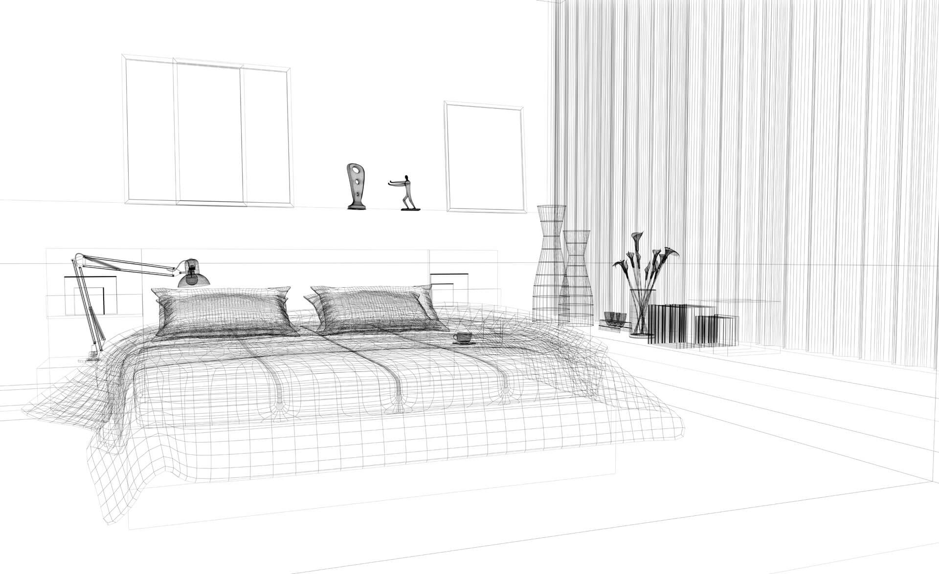 Planungsansicht (Drahtmodell) einen Schlafzimmers von einem Innenarchitekten